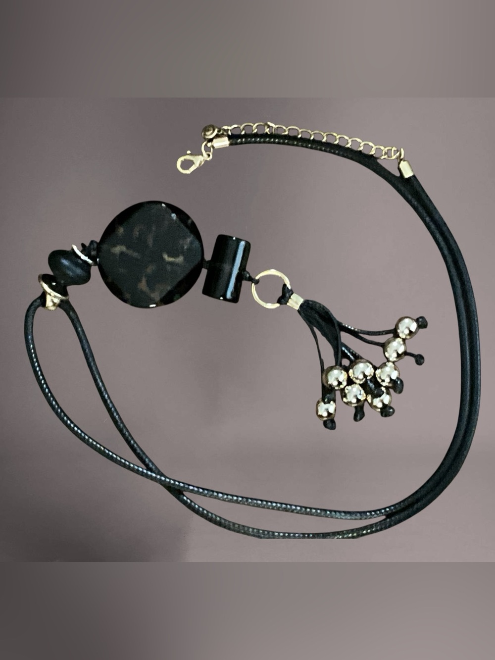 C1946 Black Brown Faux Tortoiseshell Pendant Necklace Tassel Drop Gold Tone